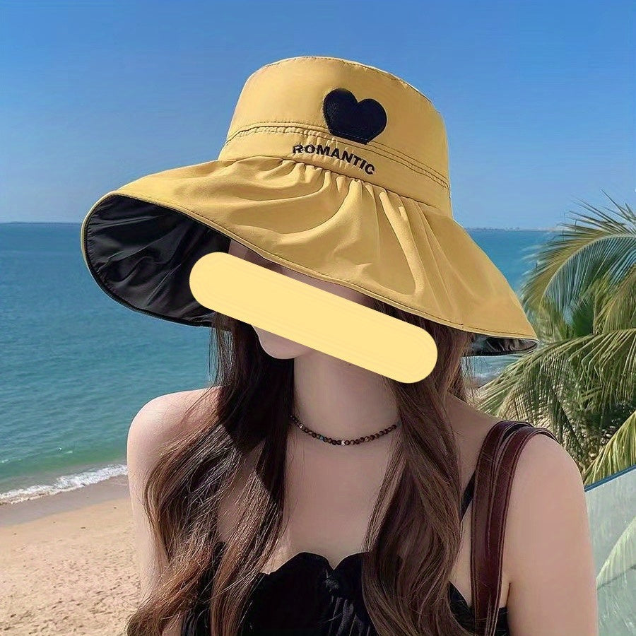 Romantic Heart Embroidery Sun Hat UV Protection Wide Brim Bucket Hat