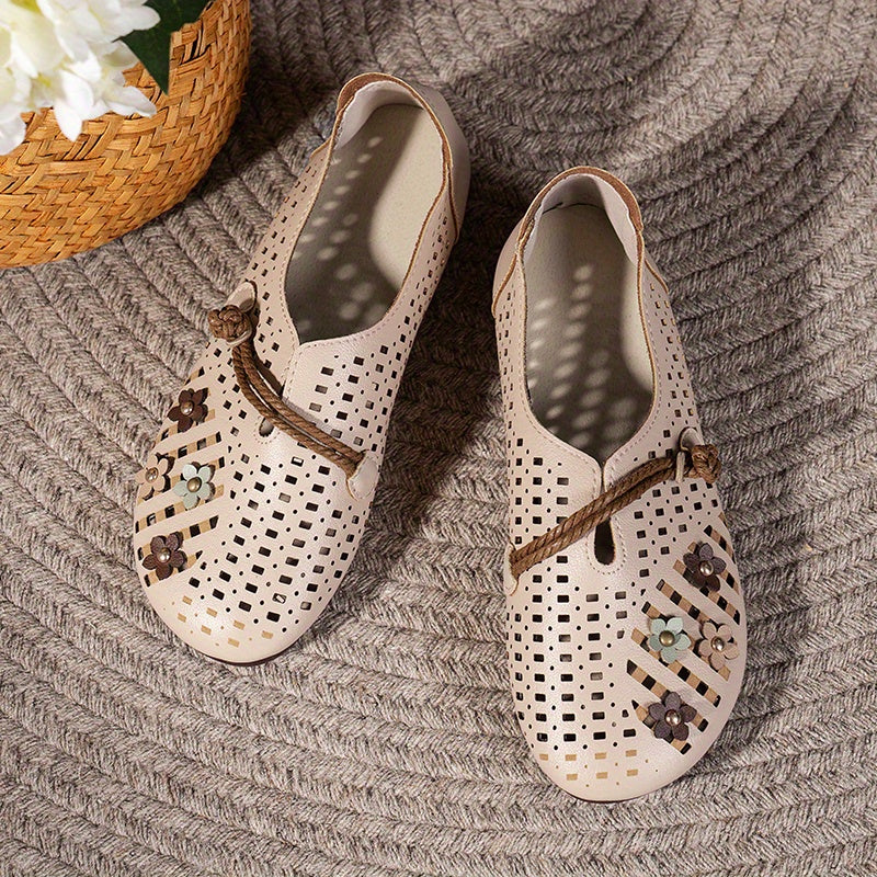 Women's Hollow Out Flat Shoes Flower Decor Slip On Casual Walking Flats