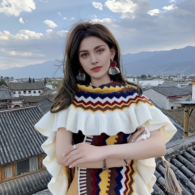 Striped Tassel Shawl Bohemian Block Warm Wrap Ruffles Knitted