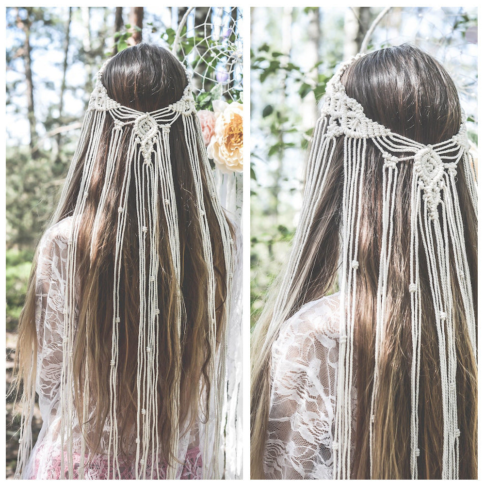 Boho Wedding Headband Beige Brown Bridal Veil Hairband for Women