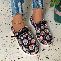 Women's Skull & Flower Print Sneakers Lace Up Outdoor Shoes