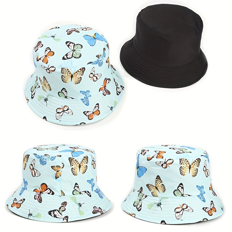 Butterfly Print Reversible Bucket Hat Fisherman Cap Unisex Sunscreen