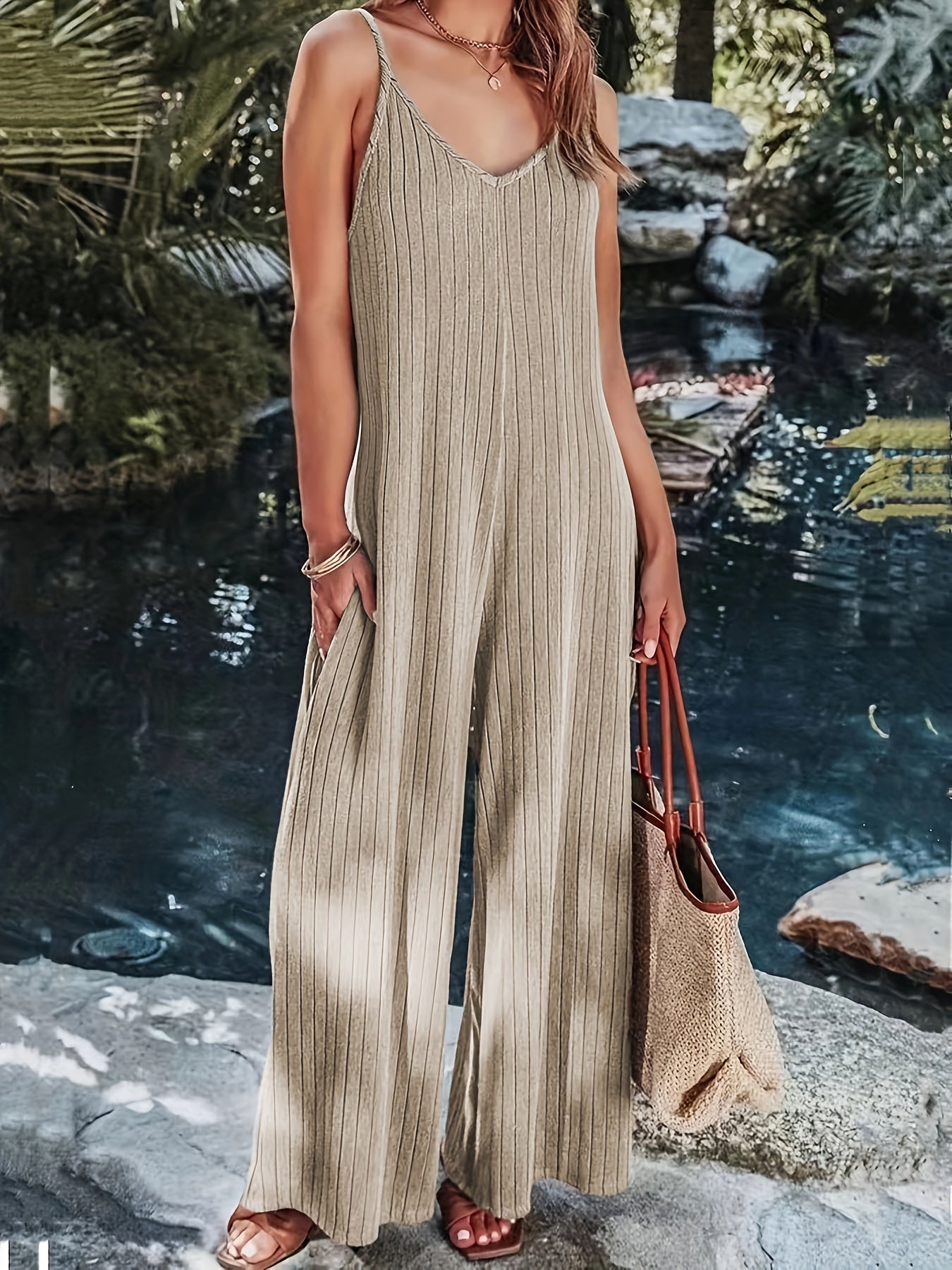  Ribbed V Neck Wide Leg Jumpsuit With Pockets
