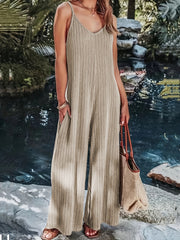  Ribbed V Neck Wide Leg Jumpsuit With Pockets
