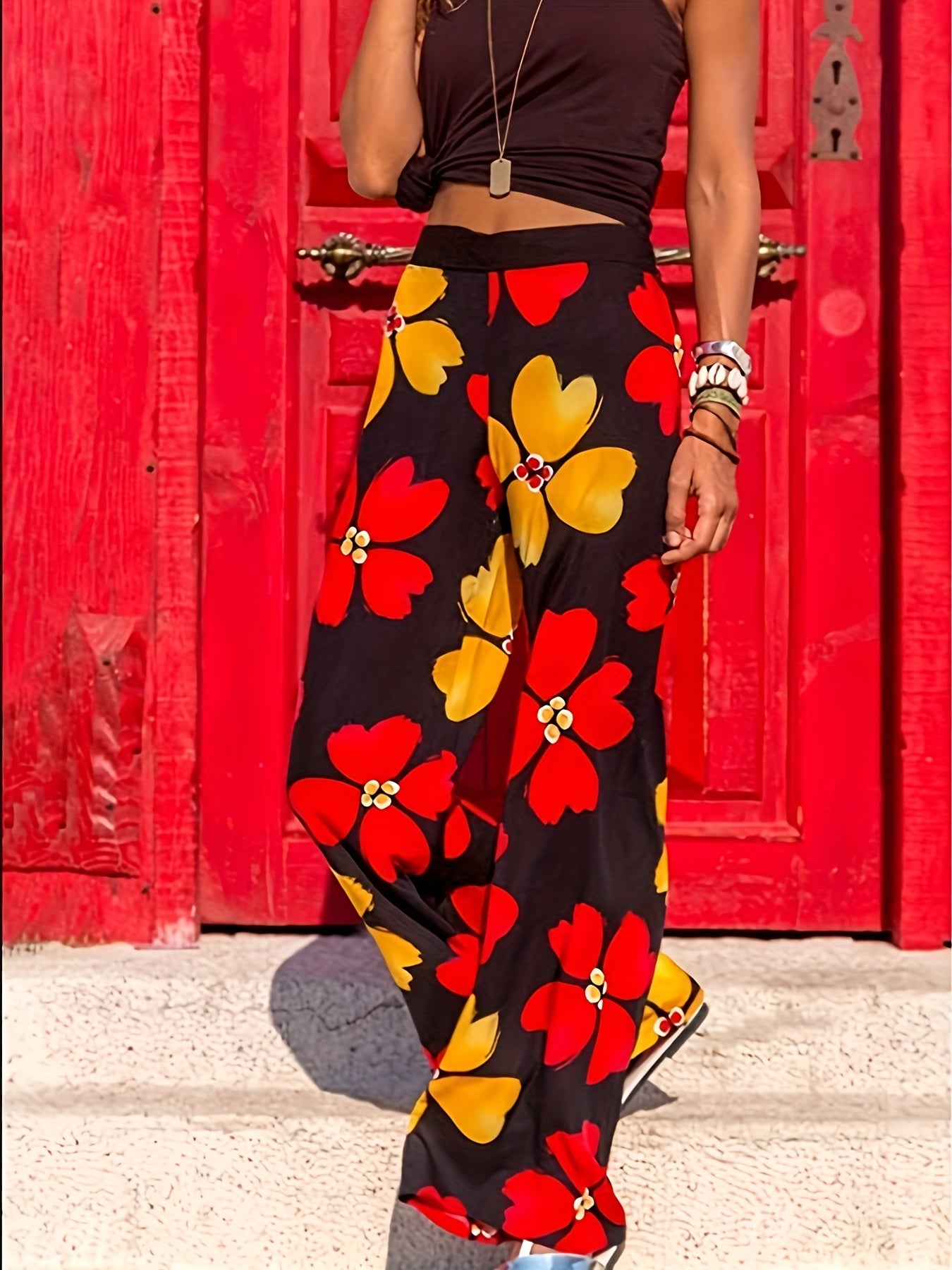  Boho Pants Women's Plus Damask Print High Rise