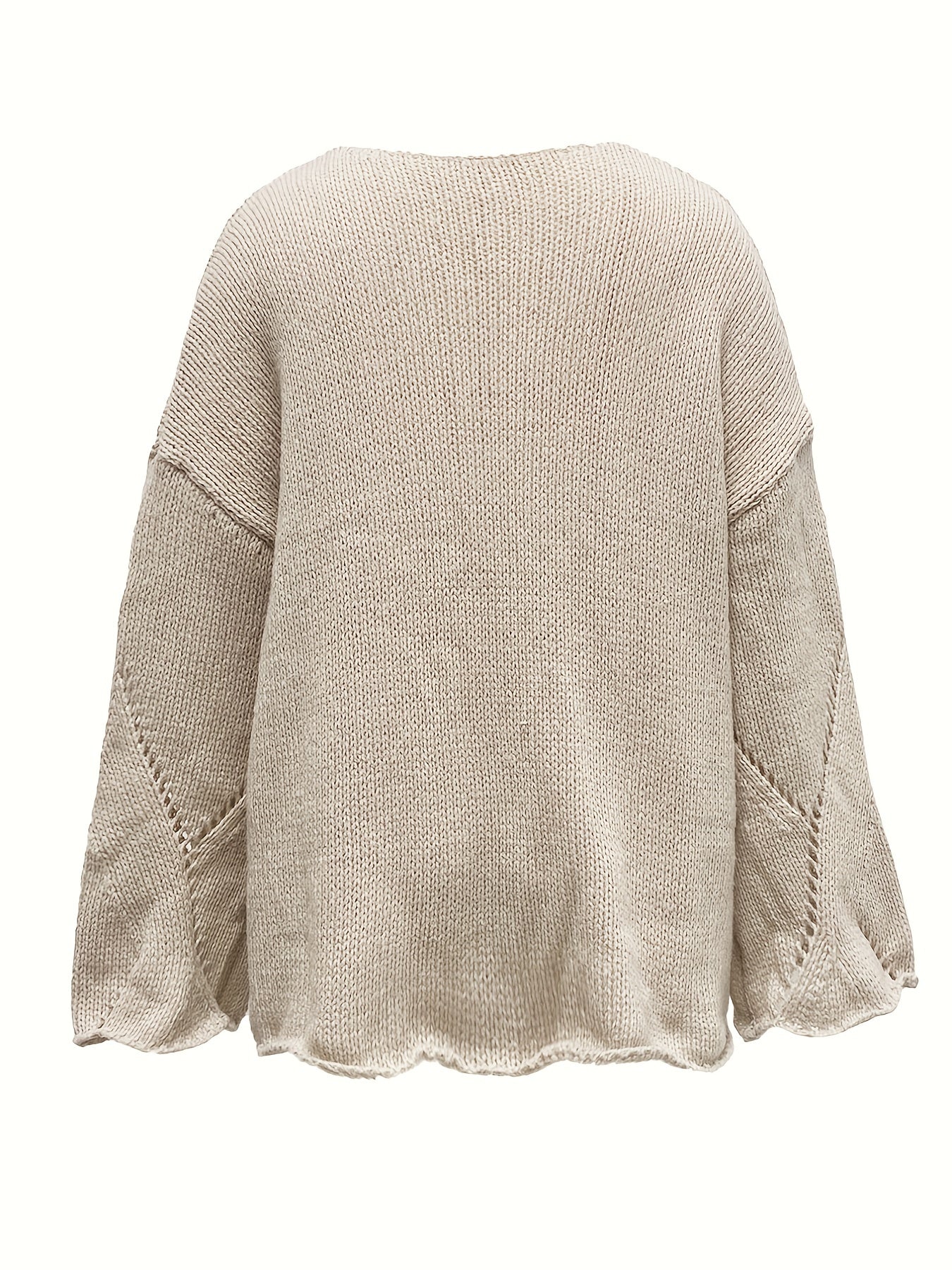 V Neck Hollow Out Solid Knit Sweater Long Sleeve