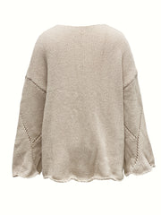 V Neck Hollow Out Solid Knit Sweater Long Sleeve
