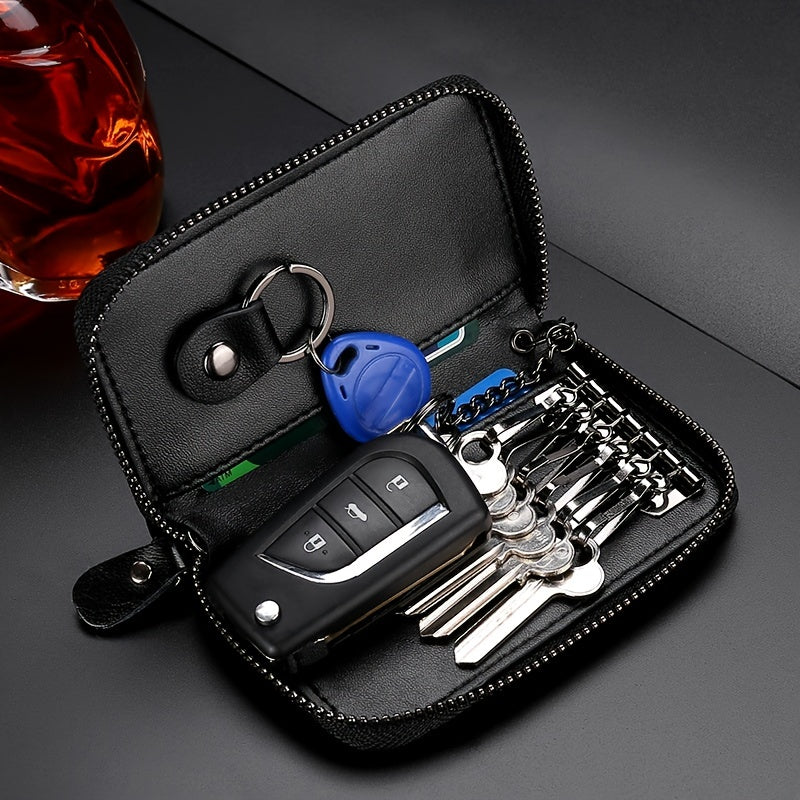 Large Capacity Zipper Car Key Holder Men's Waist Hanging Leather Key Chain Case