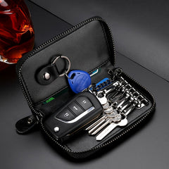 Large Capacity Zipper Car Key Holder Men's Waist Hanging Leather Key Chain Case