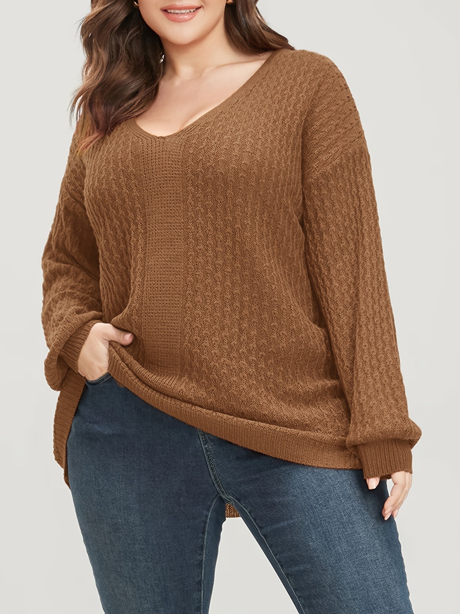  Solid Jacquard Long Sleeve V Neck Knit Top