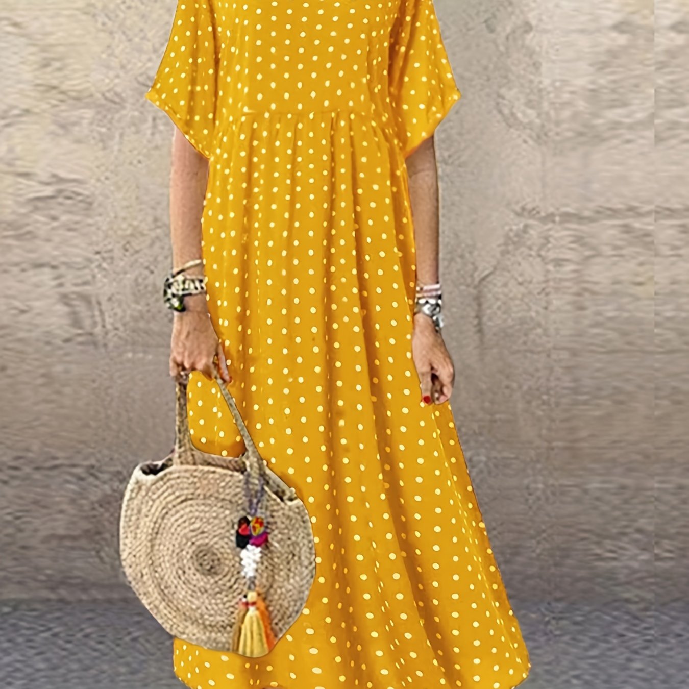  Polka Dot Print Short Sleeve Maxi Dress