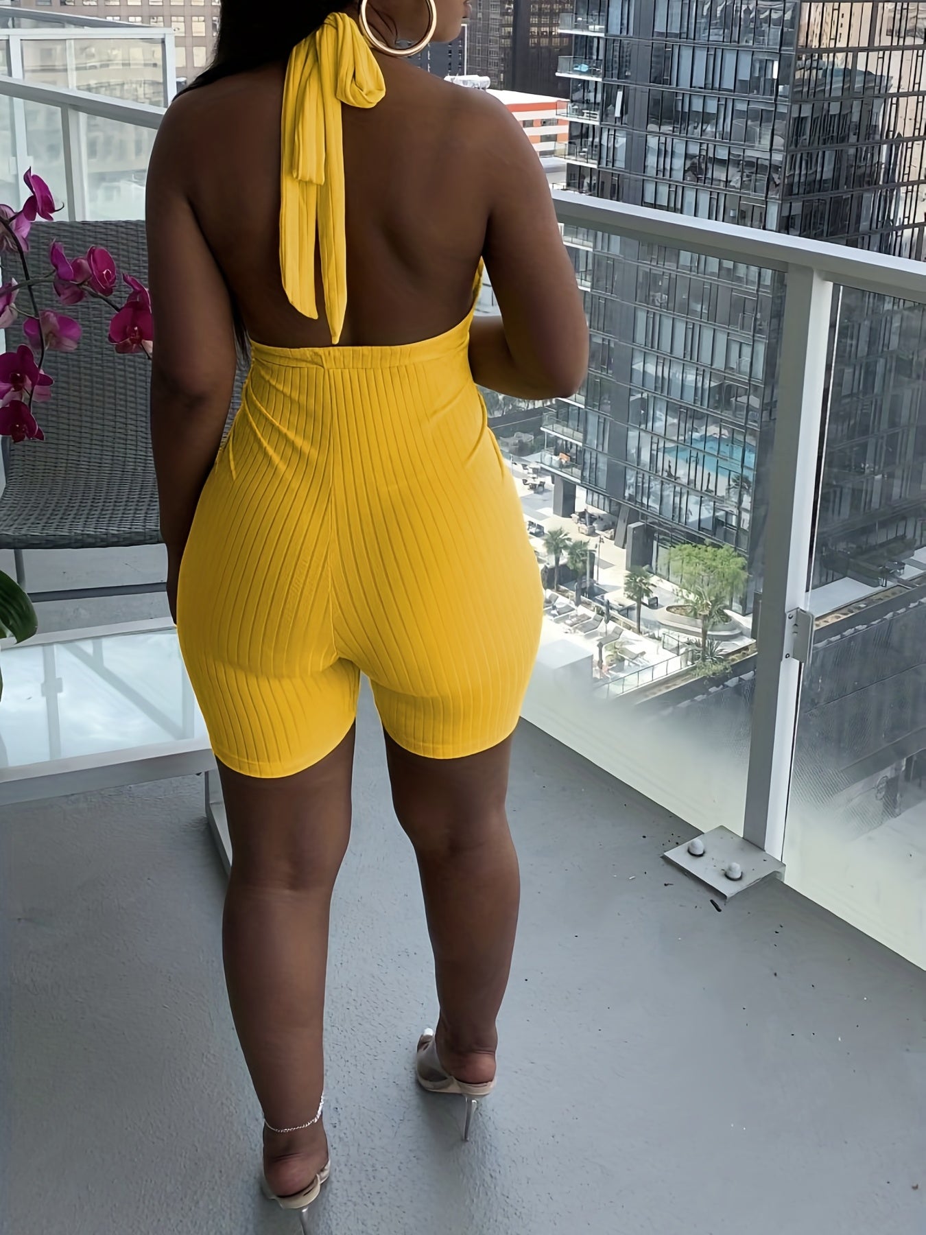 Plunging Halter Neck Romper Sexy Solid Bodycon Summer Women's Clothing