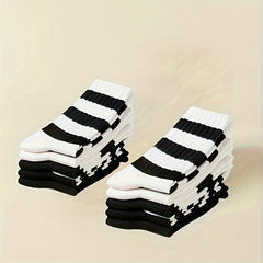 10 Pairs Striped Crew Socks Women's Mid Tube Stockings