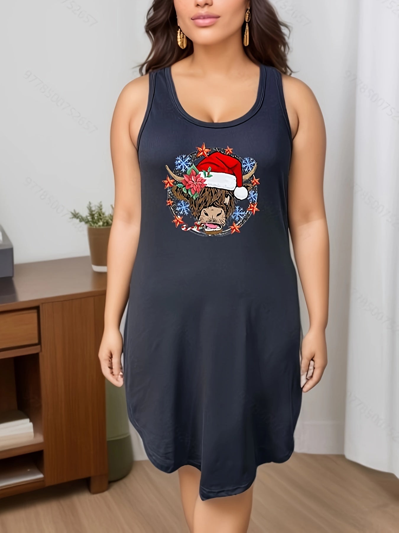 Christmas Santa Hat Cow Print Lounge Dress Women's Plus M
