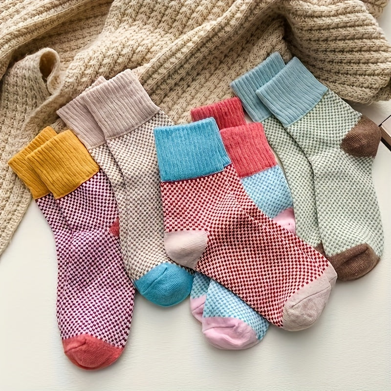 5 Pairs Colorblock Crew Socks Soft Mid Tube Women's Stockings