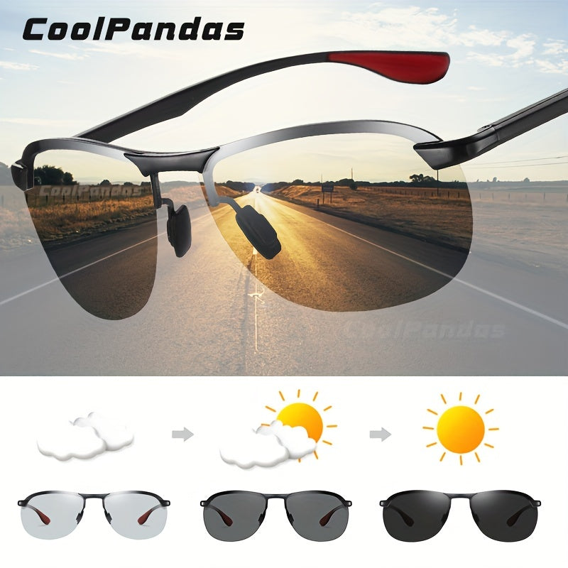 Aluminum Rimless Photochromic Sunglasses Men Polarized Driving Sun Glasses