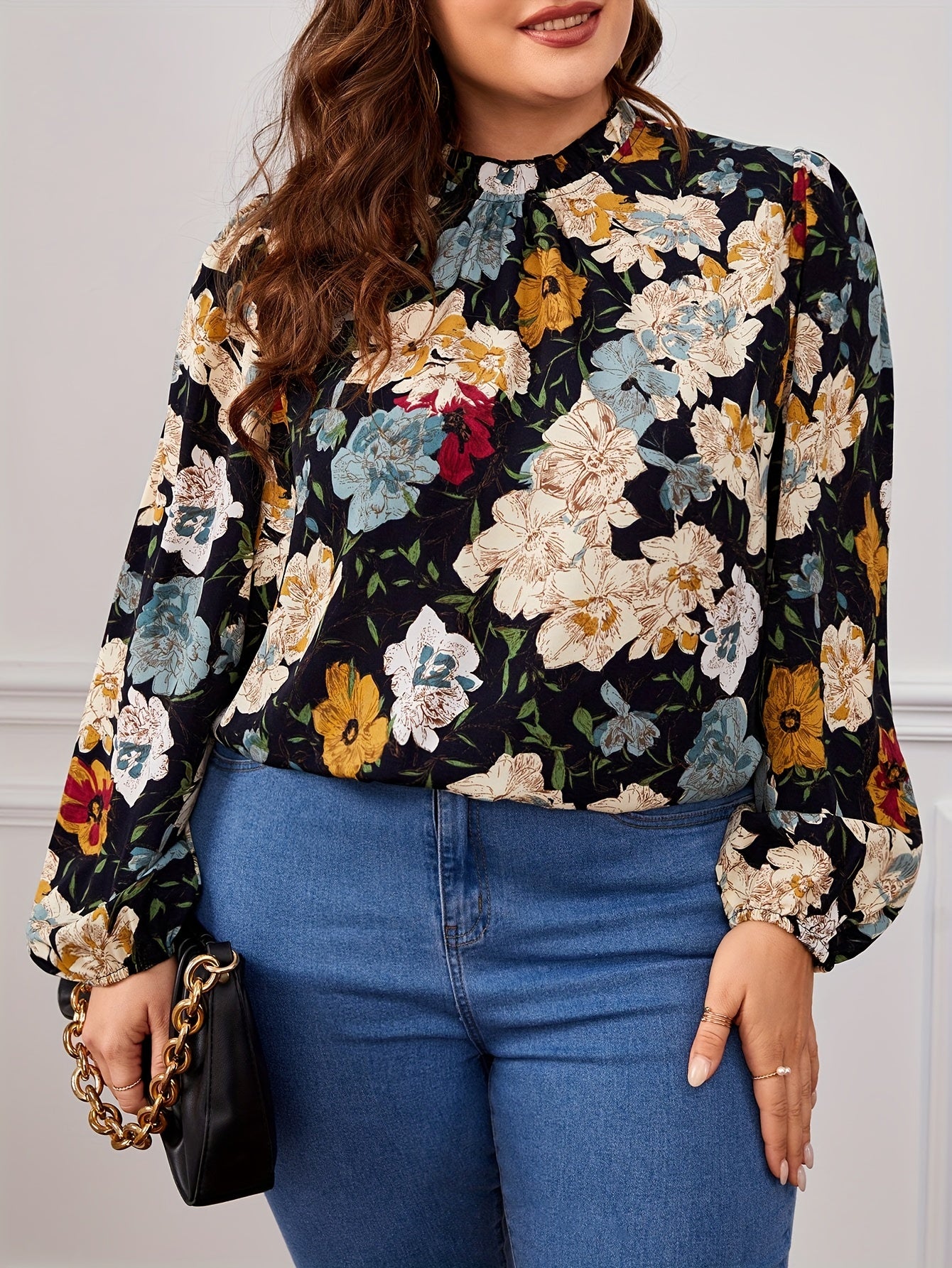  Floral Print Ruffle Trim Lantern Sleeve Blouse