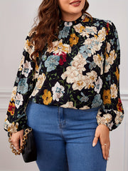  Floral Print Ruffle Trim Lantern Sleeve Blouse