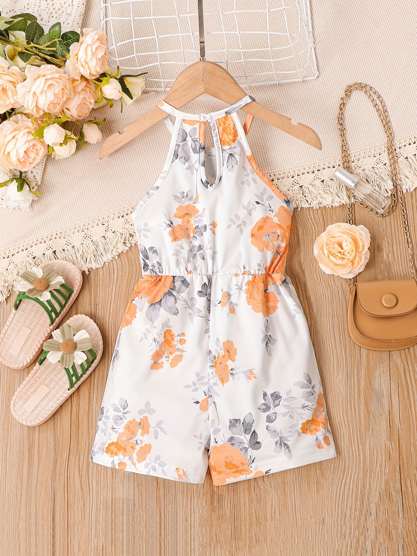 Girls Flower Pattern Halter Jumpsuit For Beach Vacation Kids Summer Clothes
