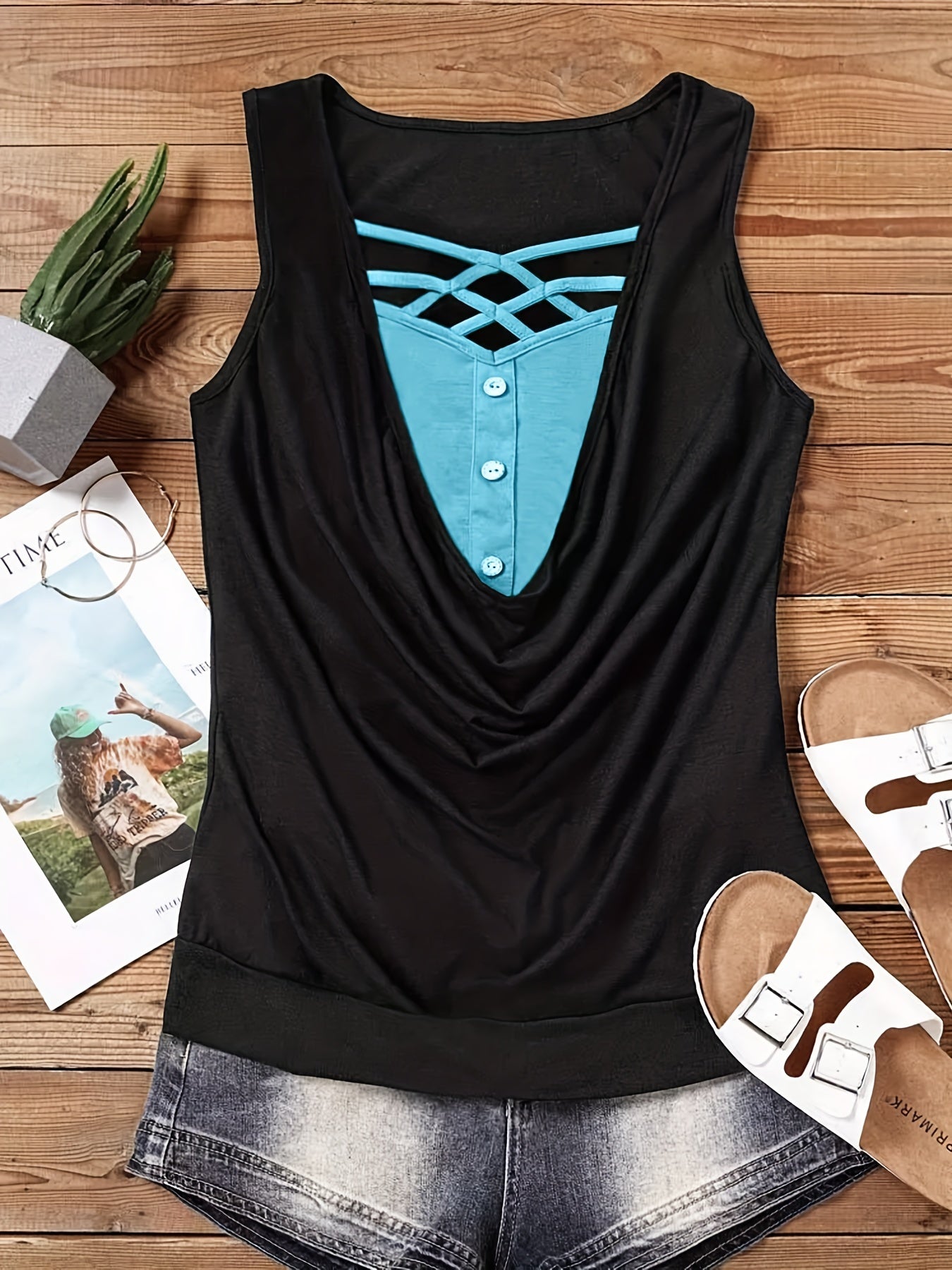  Colorblock Criss Cross Tank Top Sweetheart Neck