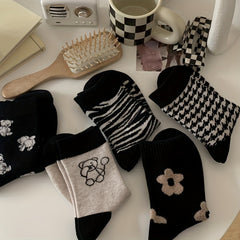 5 Pairs Bear & Floral Print Mid Tube Socks Women's Stockings