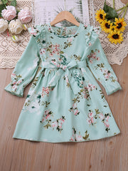 Girls Ruffle Long Sleeve Floral Print Belted Dress