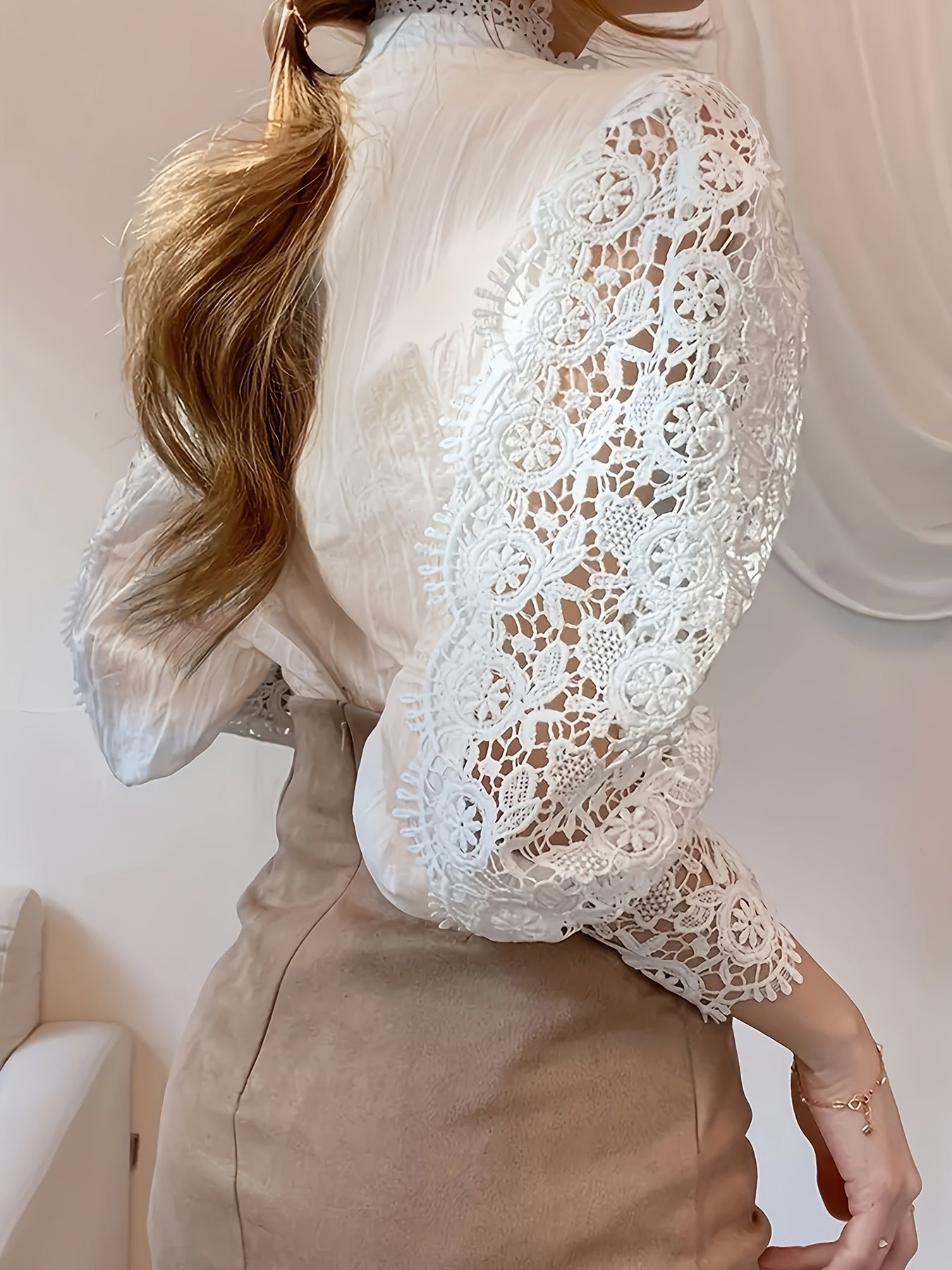  Lace Lantern Sleeve Mock Neck Shirt