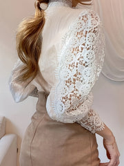  Lace Lantern Sleeve Mock Neck Shirt