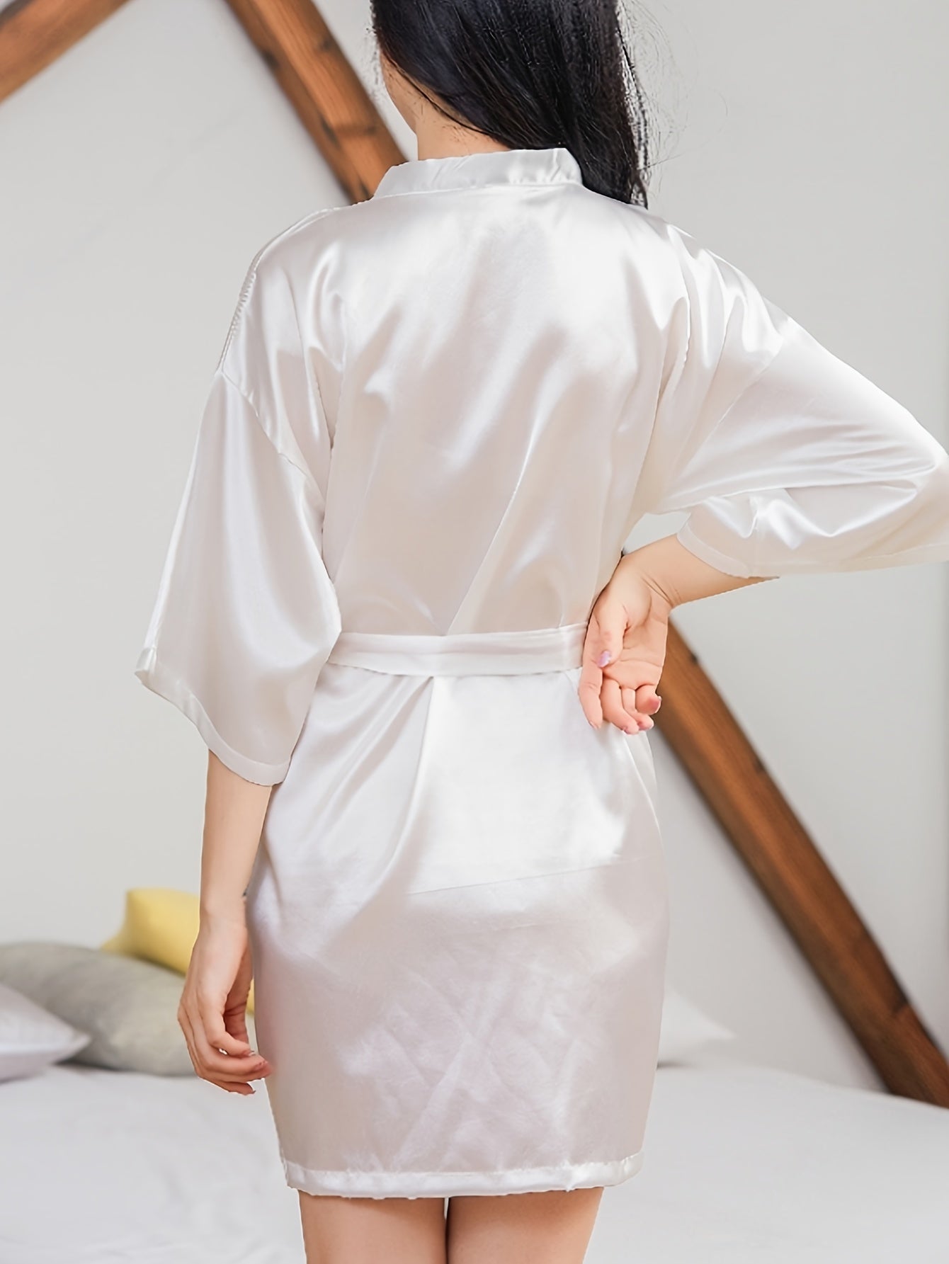 Solid Night Robe Half Sleeve V Neck Robe With Belt Women's Sleepwear