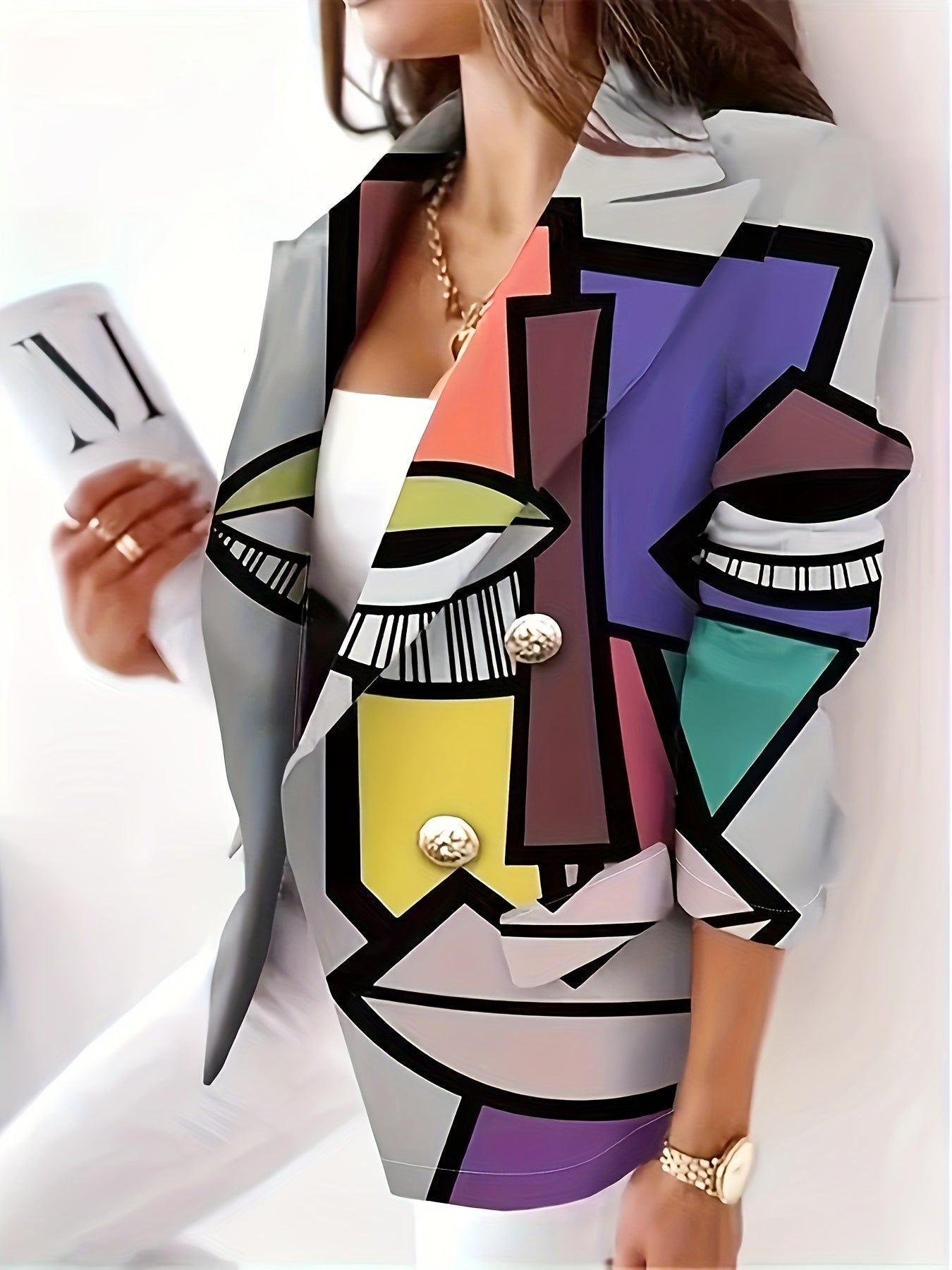  Women's Abstract Print Long Sleeve Blazer