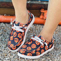 Women's Pumpkin Printed Lace Up Low Slip On Lightweight Flat Shoes
