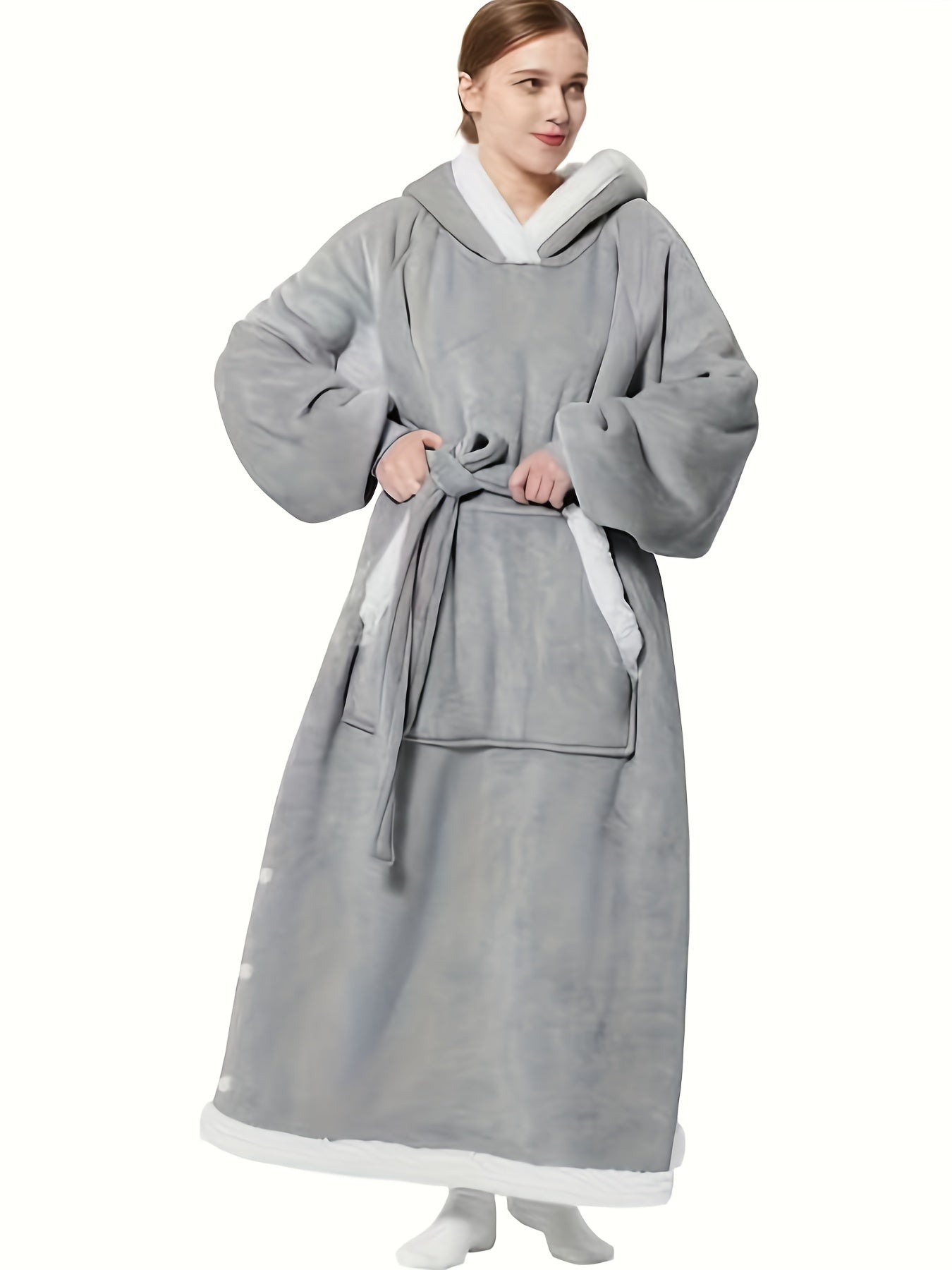  Hooded Fleece Lounge Robe With Pockets & Split