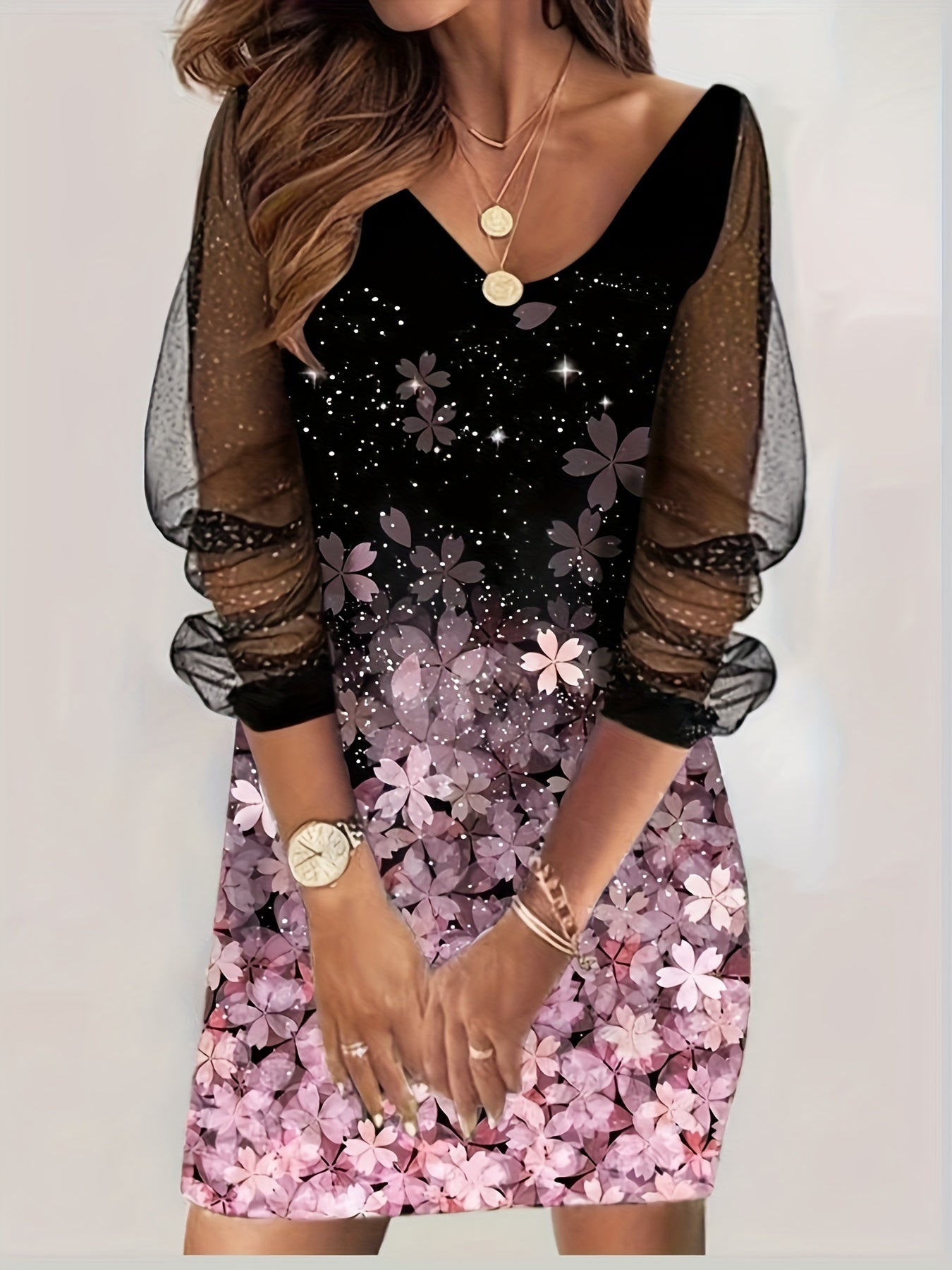  Floral Print Mesh Sleeve V Neck Dress