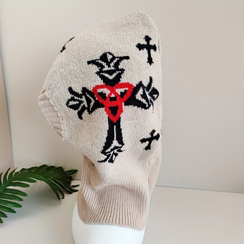 Jacquard Gothic Balaclava Khaki Knit Hat Unisex Beanie Neck Gaiter