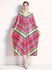  Colorblock Stripe Print V Neck Midi Dress