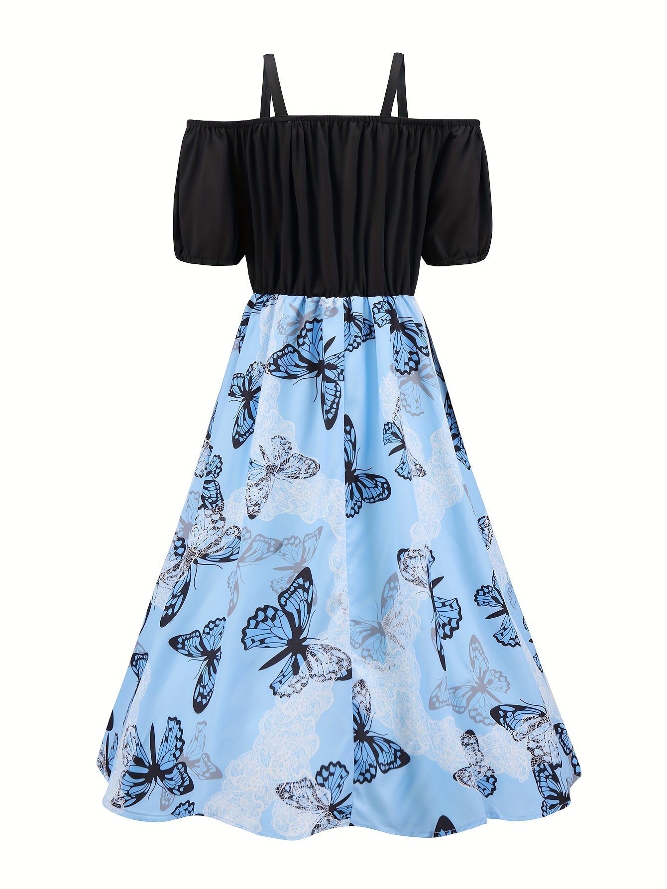  Butterfly Print Cold Shoulder Puff Sleeve A line Cami Dress