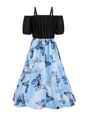  Butterfly Print Cold Shoulder Puff Sleeve A line Cami Dress