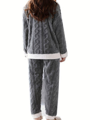 Floral Print Fuzzy Pajama Set Long Sleeve V Neck Women's Sleepwear