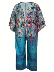  Floral Print Cardigan & Pants Set with Pockets