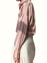  Solid Satin Drop Shoulder Long Sleeve Blouse