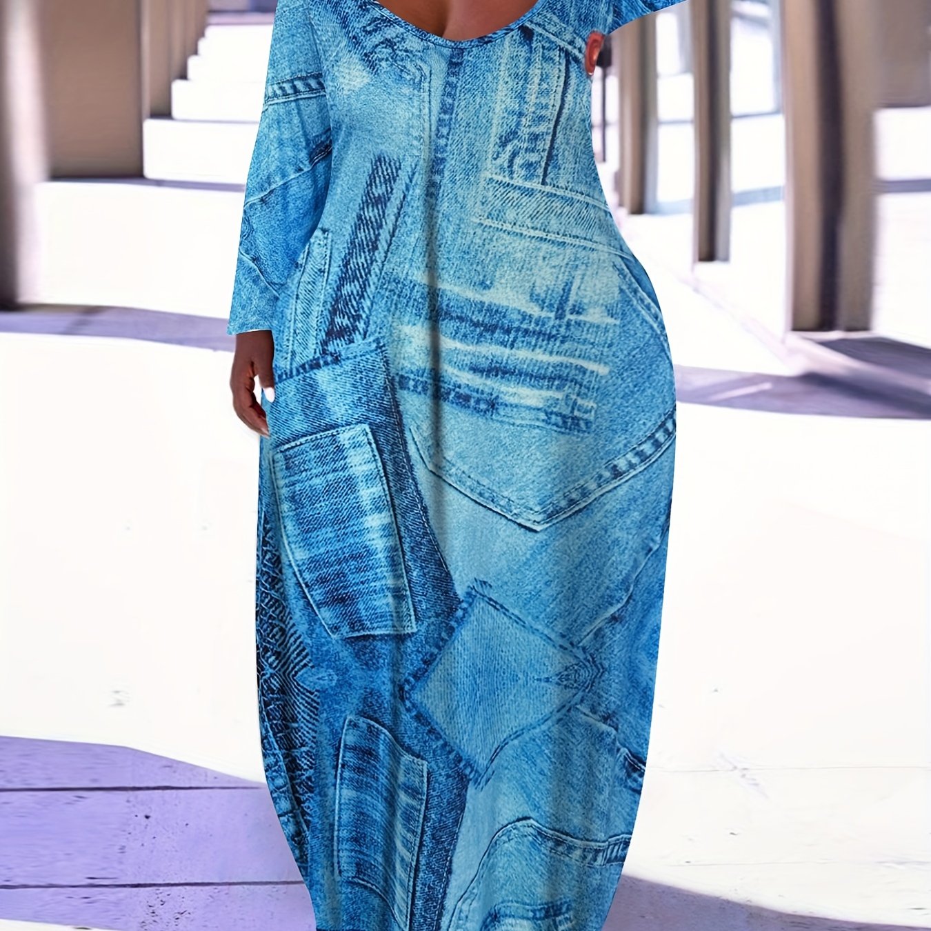  Denim Print Maxi Dress Long Sleeve Round Neck