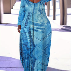  Denim Print Maxi Dress Long Sleeve Round Neck