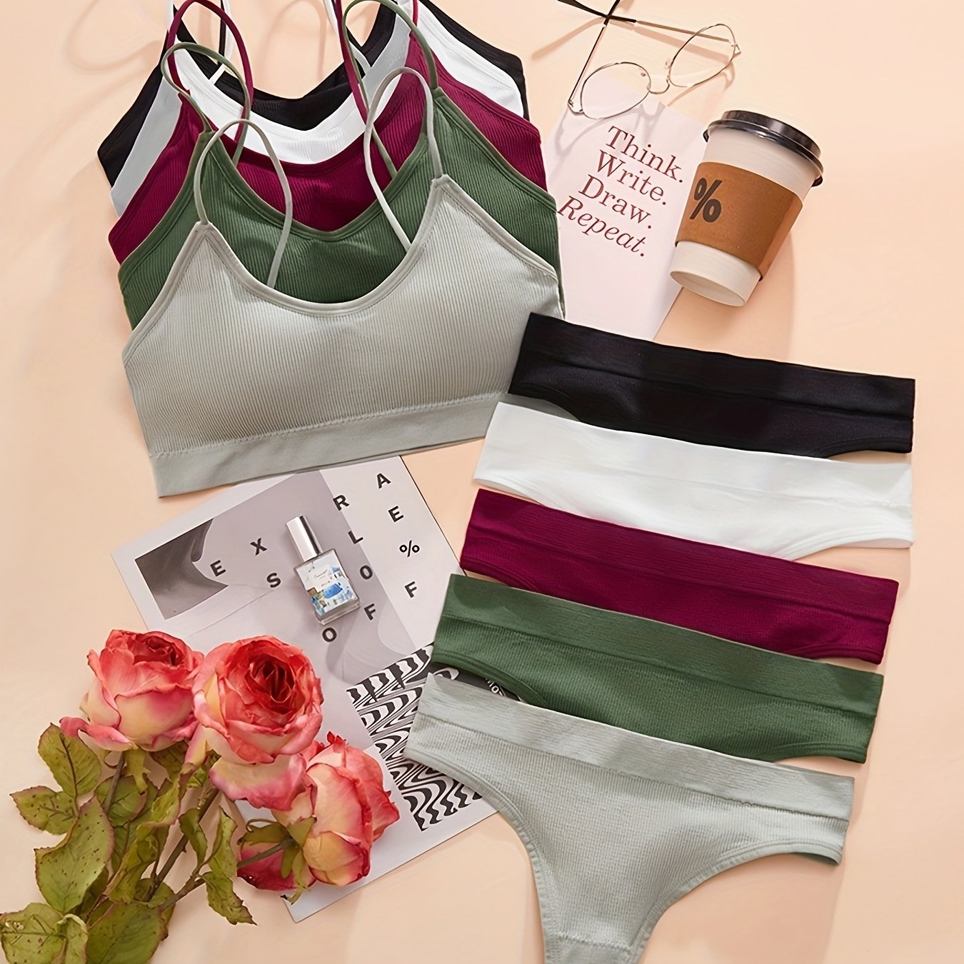 Solid Ribbed Bra & Panties Lingerie Set Women's Underwear
