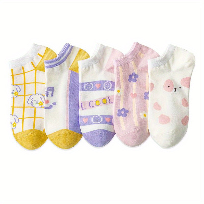 5 Pairs Floral & Heart Print Socks Lightweight Low Cut Ankle Socks Women's