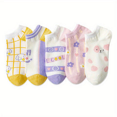 5 Pairs Floral & Heart Print Socks Lightweight Low Cut Ankle Socks Women's