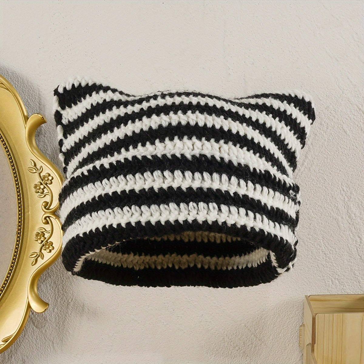 Striped Knitted Beanie Hat Cat Ears Pullover Hat For Men And Women