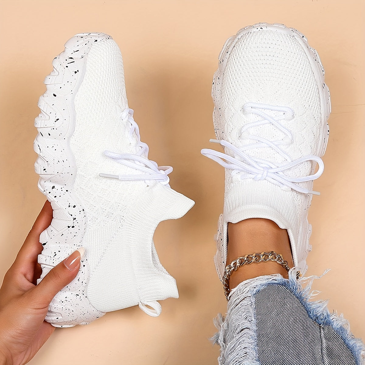 Women's Breathable Knit Sock Sneakers Casual Lace Up Sport Shoes