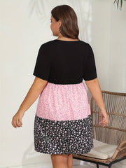  Colorblock Floral Print Smock Dress