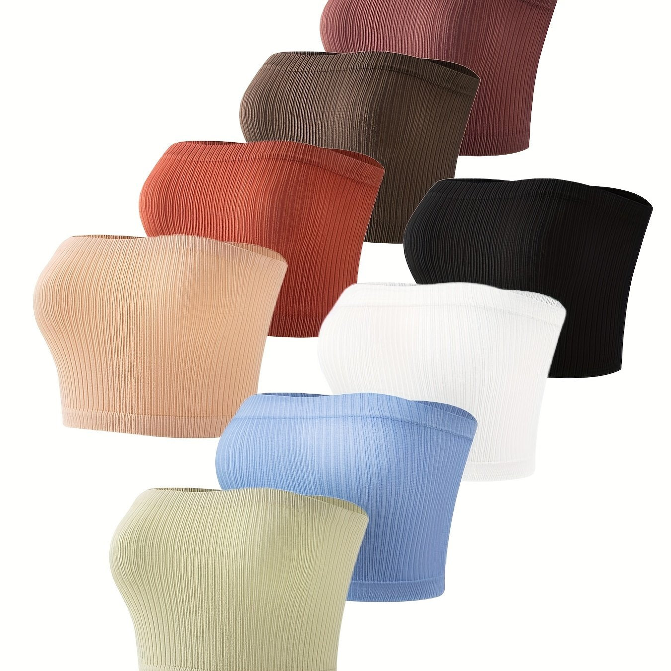 8pcs Ribbed Strapless Bandeau Bras Soft Stretch Everyday Bra Women's Lingerie