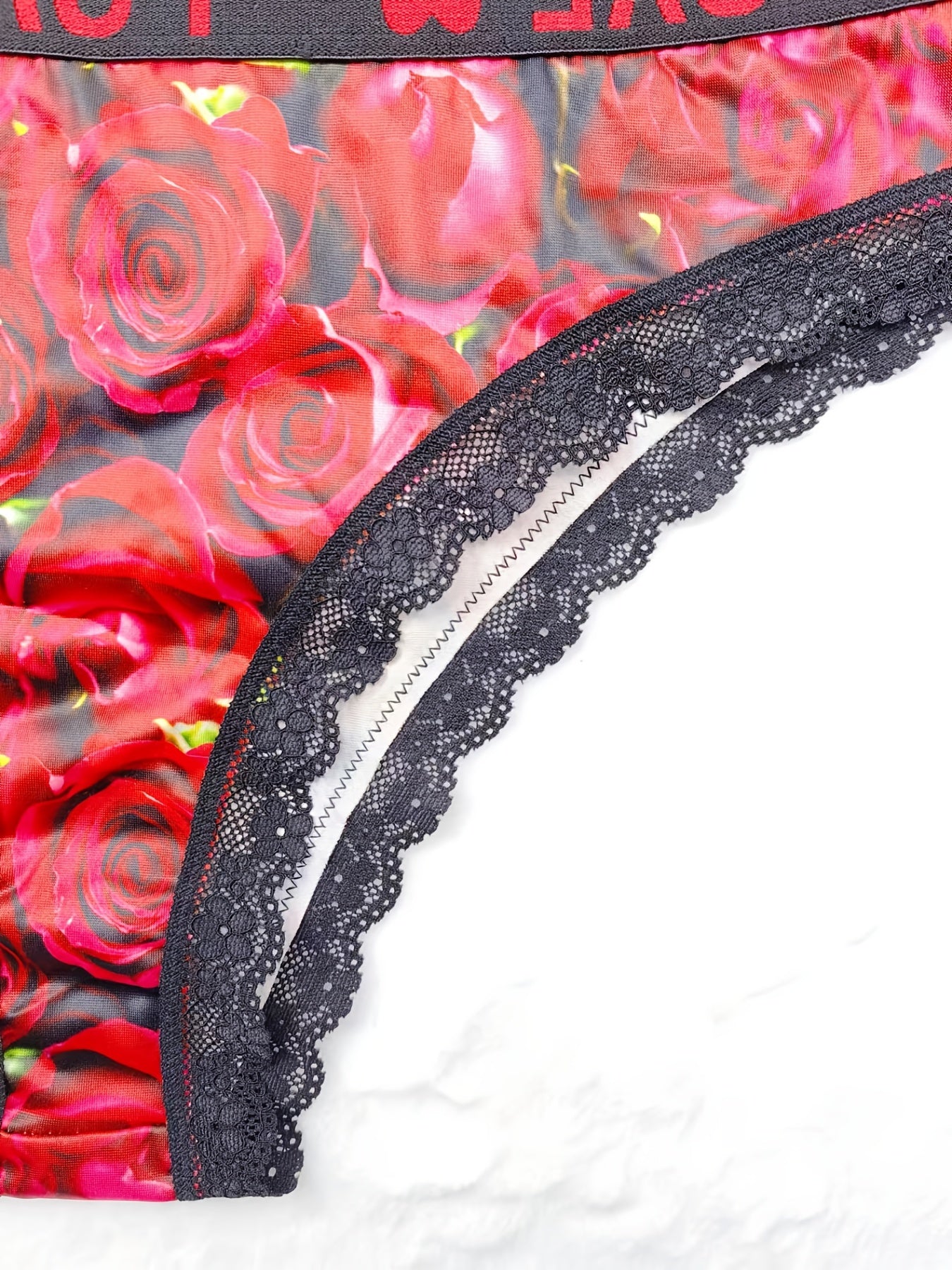  Rose Print Romantic Bra & Panties Set Women's Plus Sexy Lingerie Set